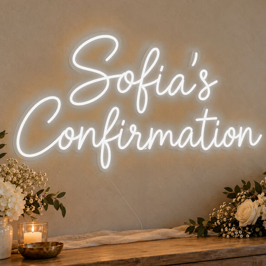 Personalised Confirmation Neon Sign in white LED neon on clear acrylic, angled view