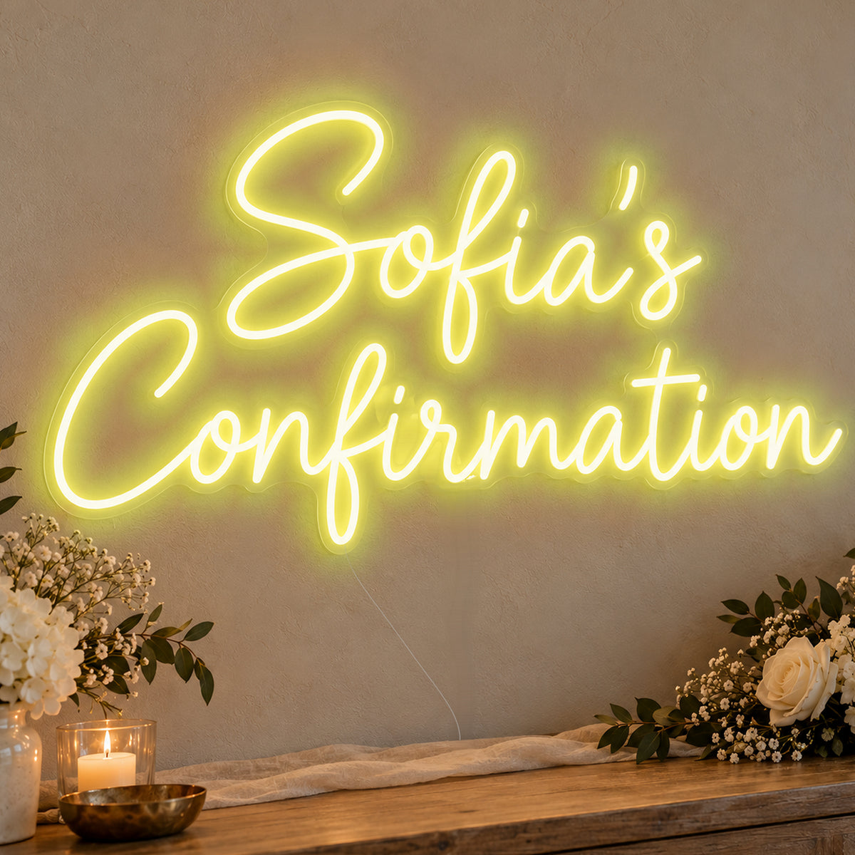 Personalised Confirmation Neon Sign in yellow LED neon on clear acrylic, angled view