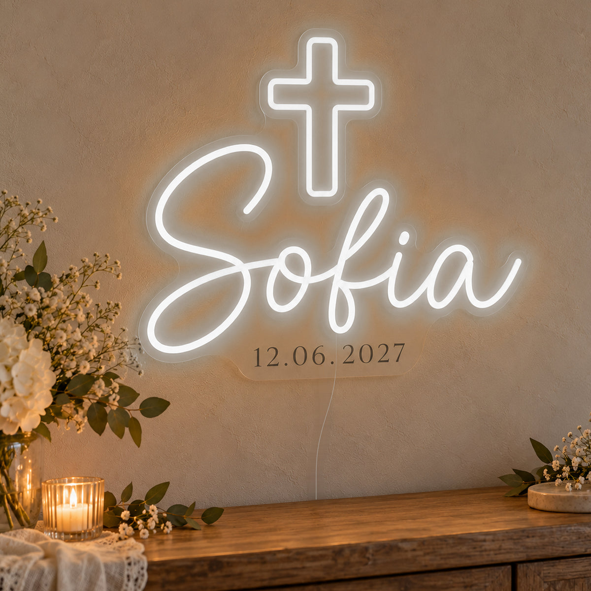 Personalised Cross Name Date Neon Sign in white LED neon on clear acrylic, angled view