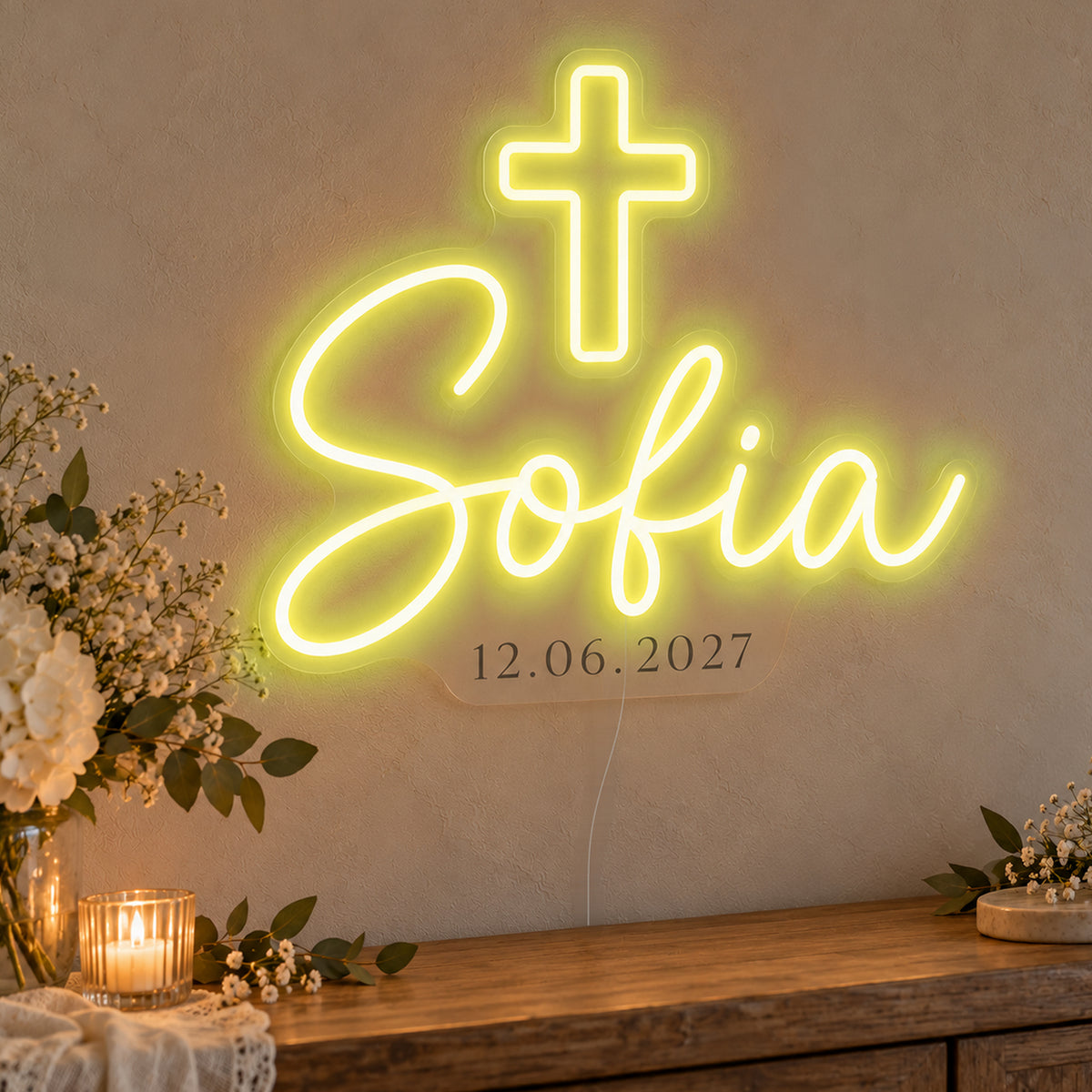 Personalised Cross Name Date Neon Sign in yellow LED neon on clear acrylic, angled view