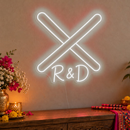 Personalised Dandiya Initials Neon Sign in white LED neon on clear acrylic, angled view