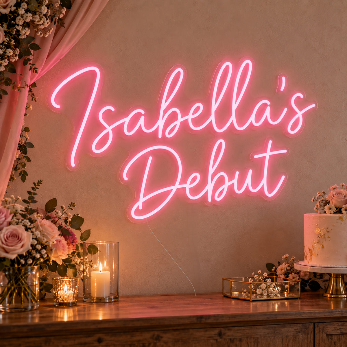 Personalised Debut Neon Sign on clear cut-to-shape acrylic, illuminated on a wall in a styled celebration setting; sample personalised wording shown