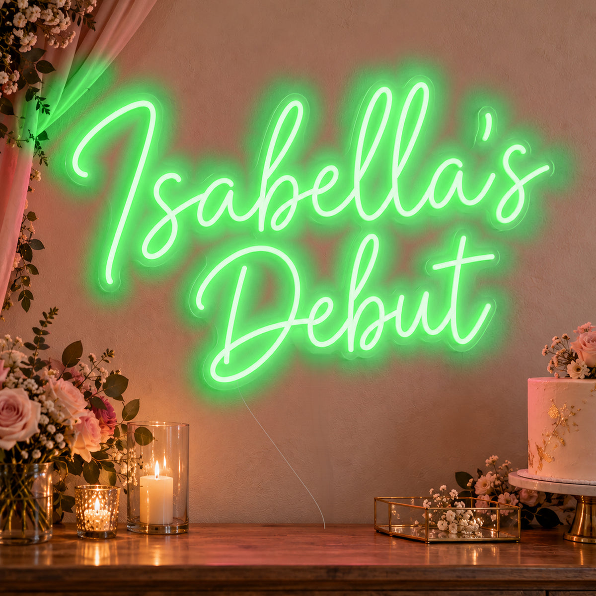 Personalised Debut Neon Sign in green LED neon on clear acrylic, angled view