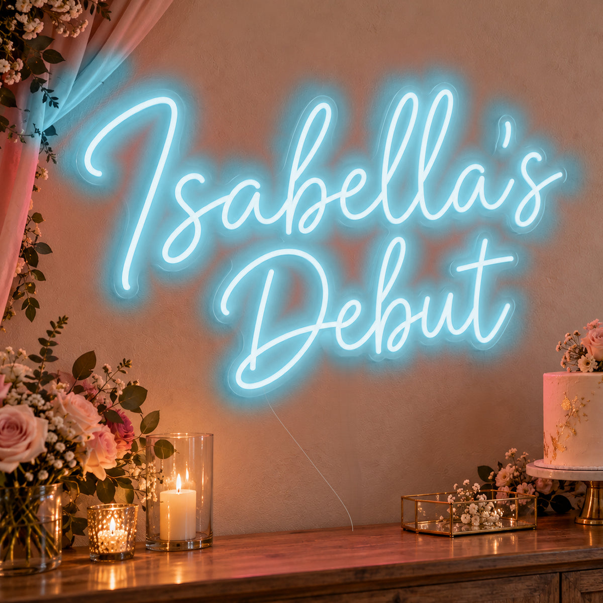 Personalised Debut Neon Sign in ice blue LED neon on clear acrylic, angled view
