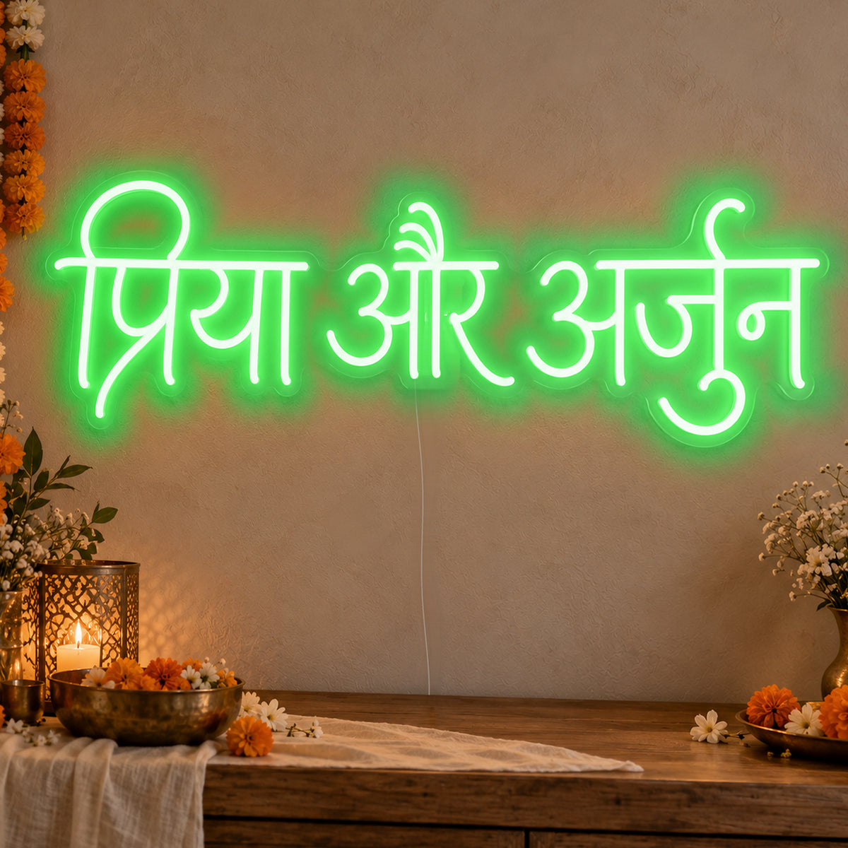 Personalised Devanagari Couple Names Neon Sign in green LED neon on clear acrylic, angled view