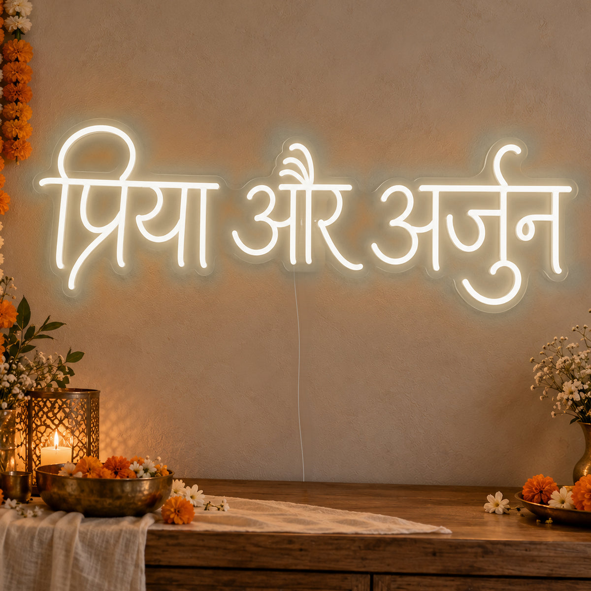 Personalised Devanagari Couple Names Neon Sign in warm white LED neon on clear acrylic, angled view