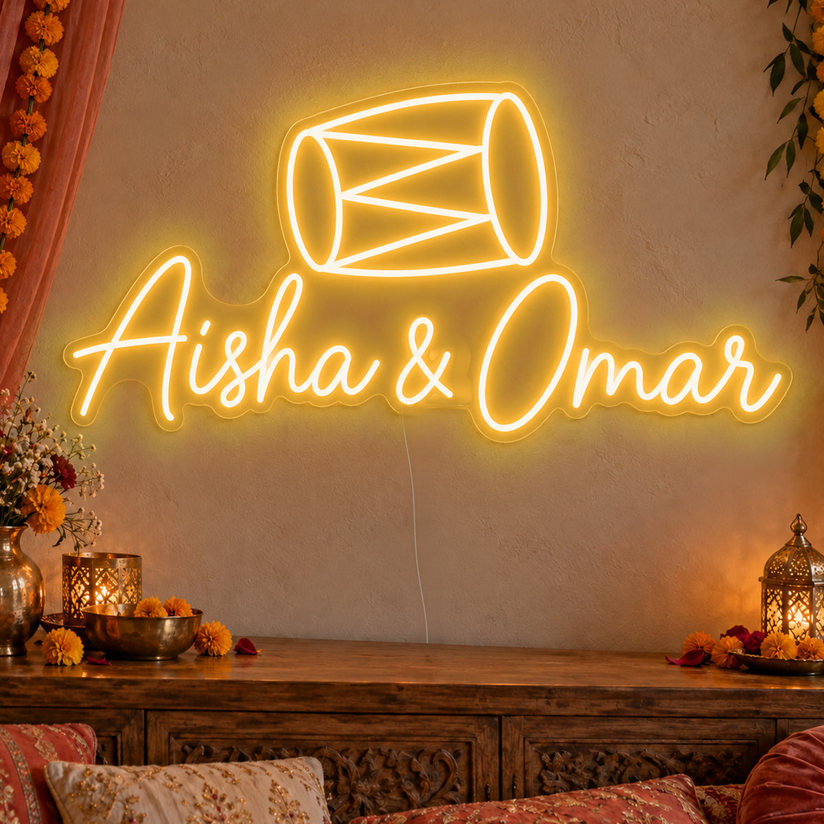 Personalised Dholki Drum Neon Sign in gold LED neon on clear acrylic, angled view
