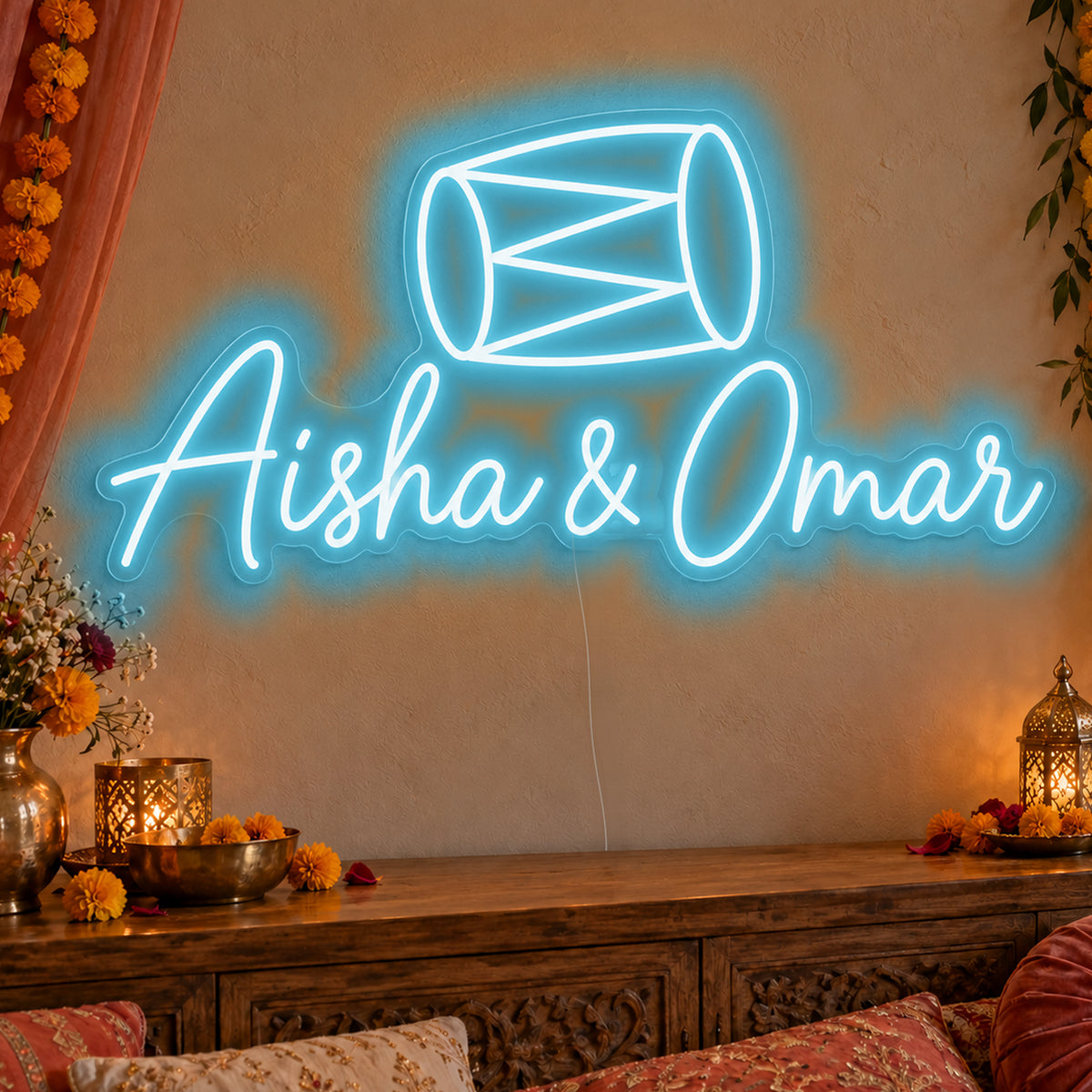 Personalised Dholki Drum Neon Sign in ice blue LED neon on clear acrylic, angled view