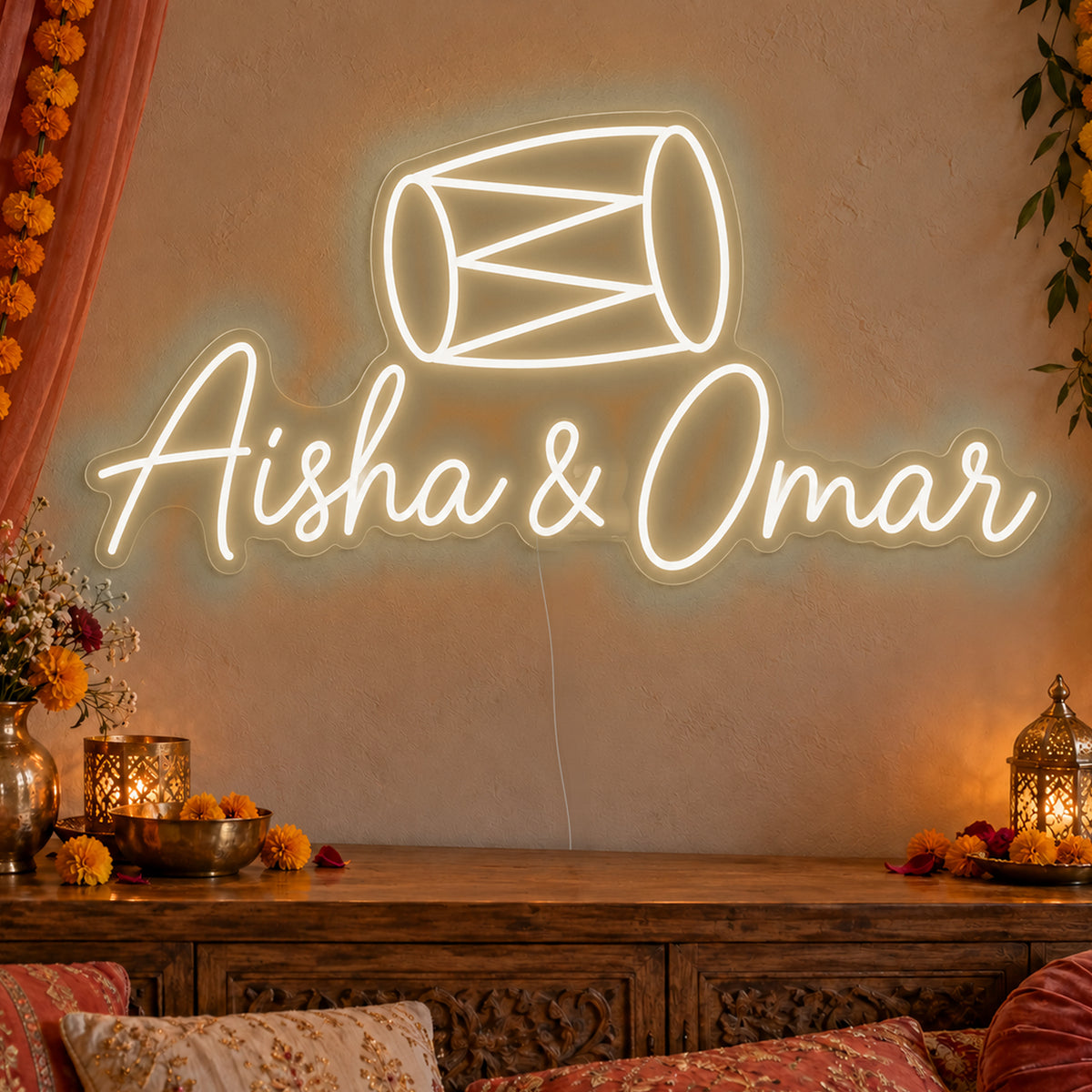 Personalised Dholki Drum Neon Sign in warm white LED neon on clear acrylic, angled view