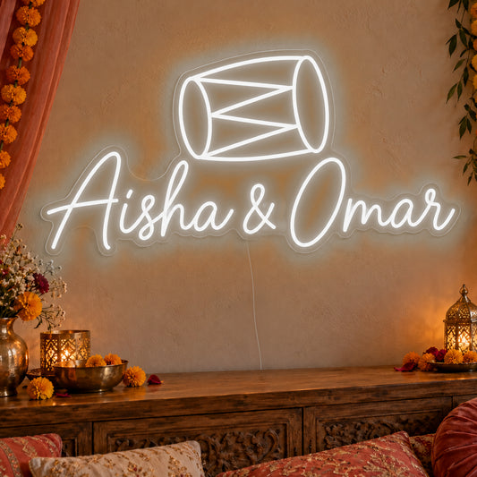 Personalised Dholki Drum Neon Sign in white LED neon on clear acrylic, angled view