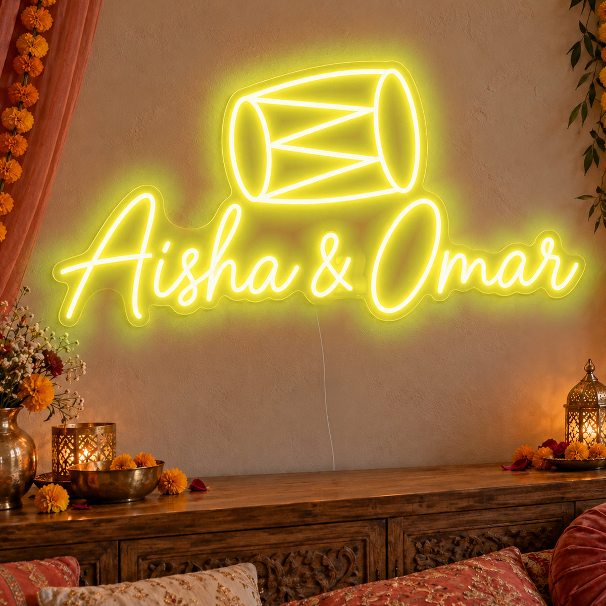 Personalised Dholki Drum Neon Sign in yellow LED neon on clear acrylic, angled view