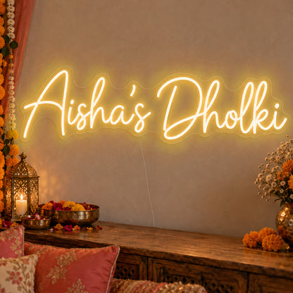 Personalised Dholki Neon Sign in gold LED neon on clear acrylic, angled view
