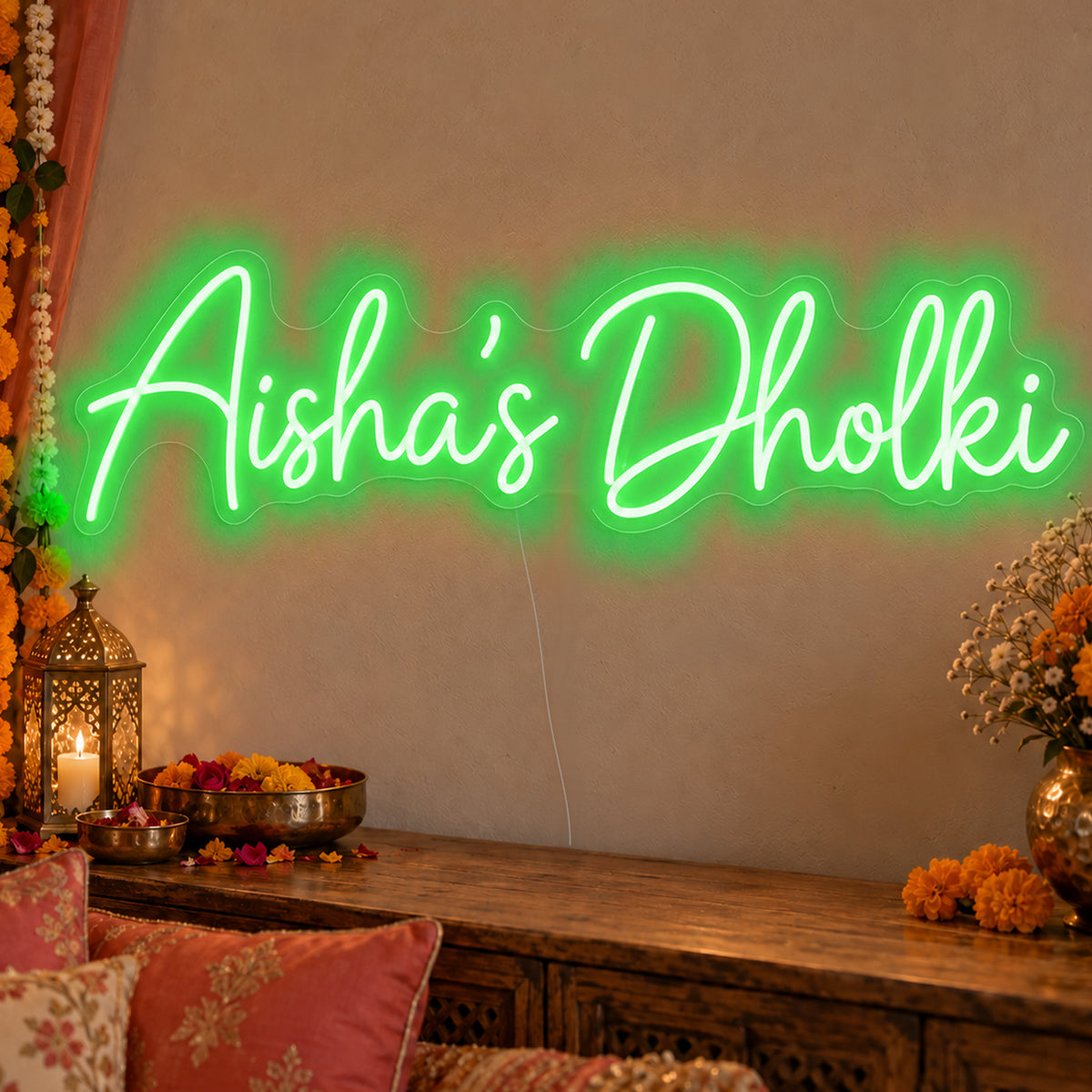 Personalised Dholki Neon Sign in green LED neon on clear acrylic, angled view