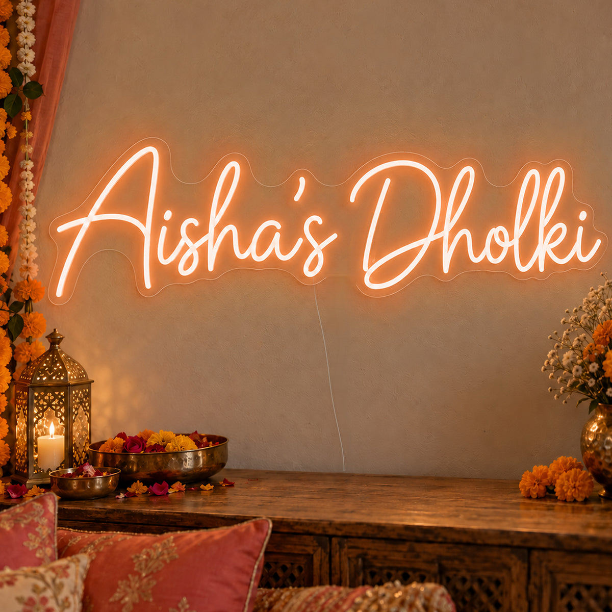 Personalised Dholki Neon Sign in orange LED neon on clear acrylic, angled view