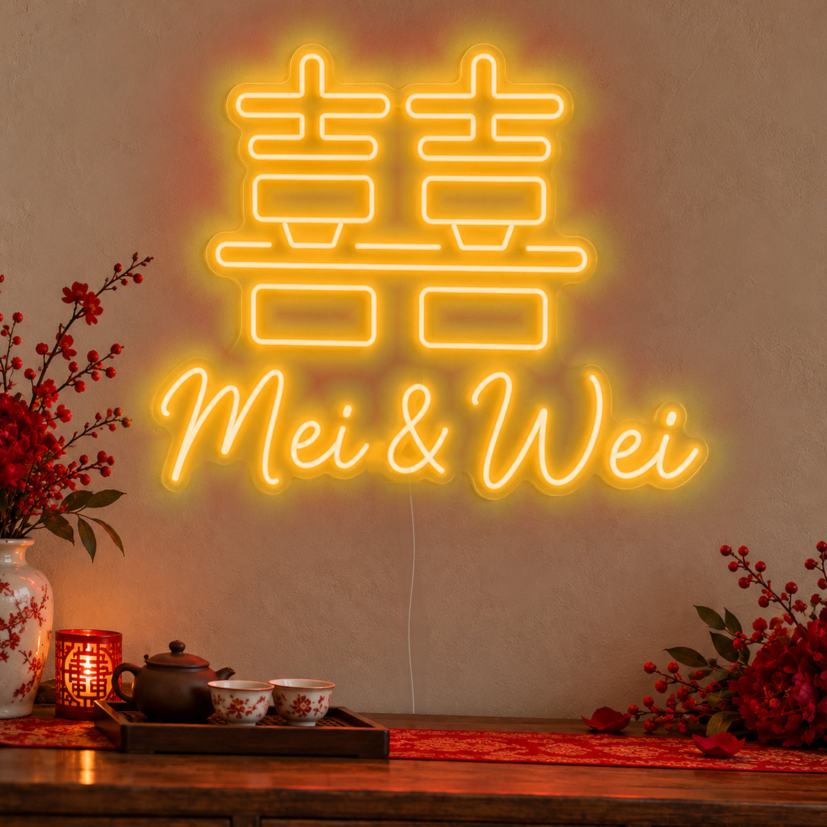 Personalised Double Happiness Names Neon Sign in gold LED neon on clear acrylic, angled view