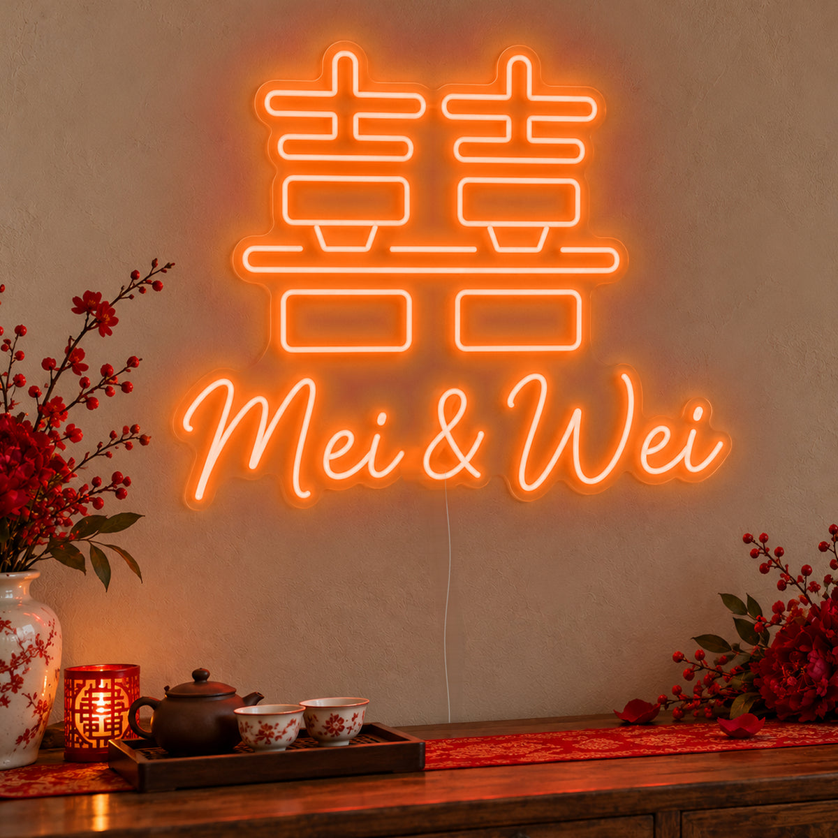 Personalised Double Happiness Names Neon Sign in orange LED neon on clear acrylic, angled view