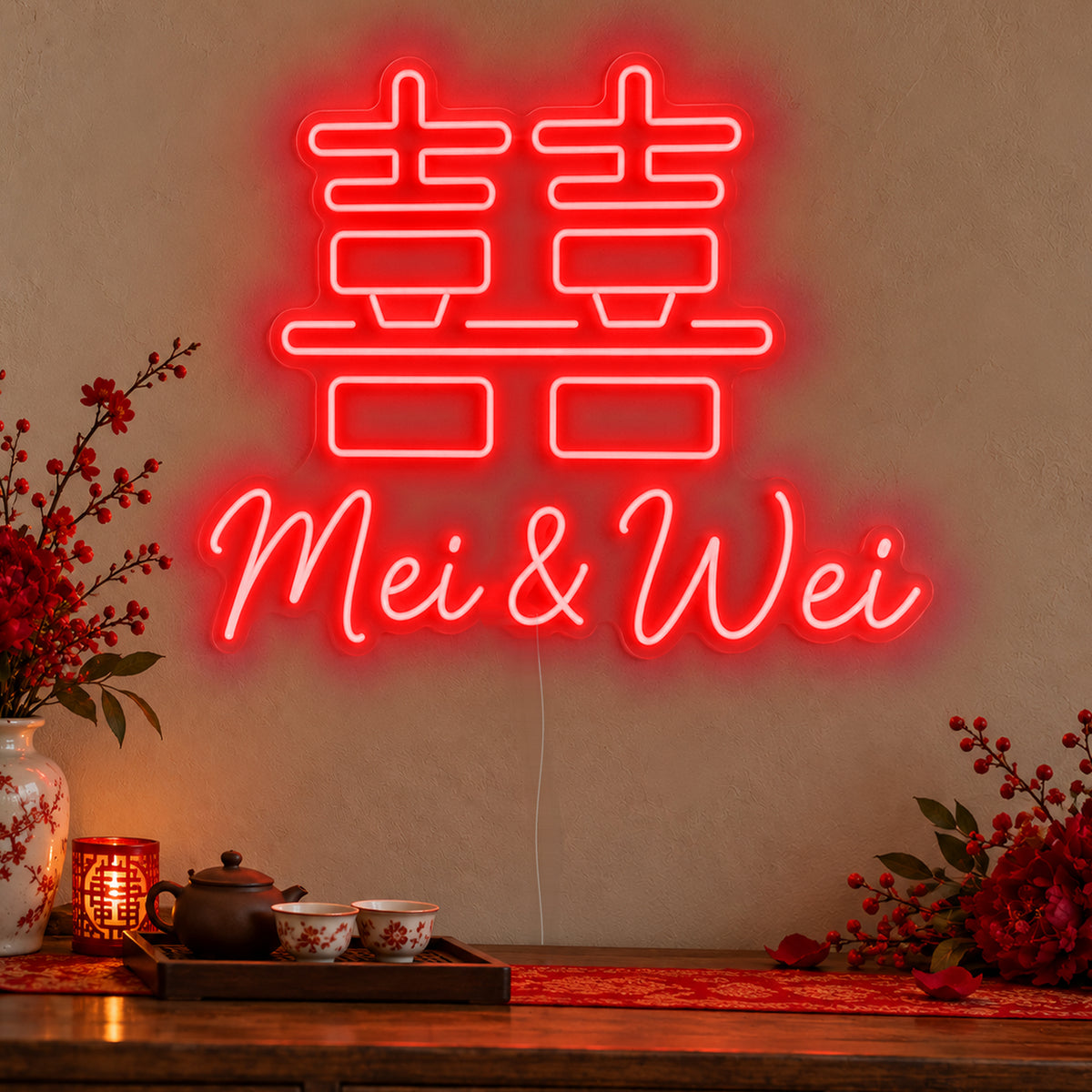 Personalised Double Happiness Names Neon Sign in red LED neon on clear acrylic, angled view