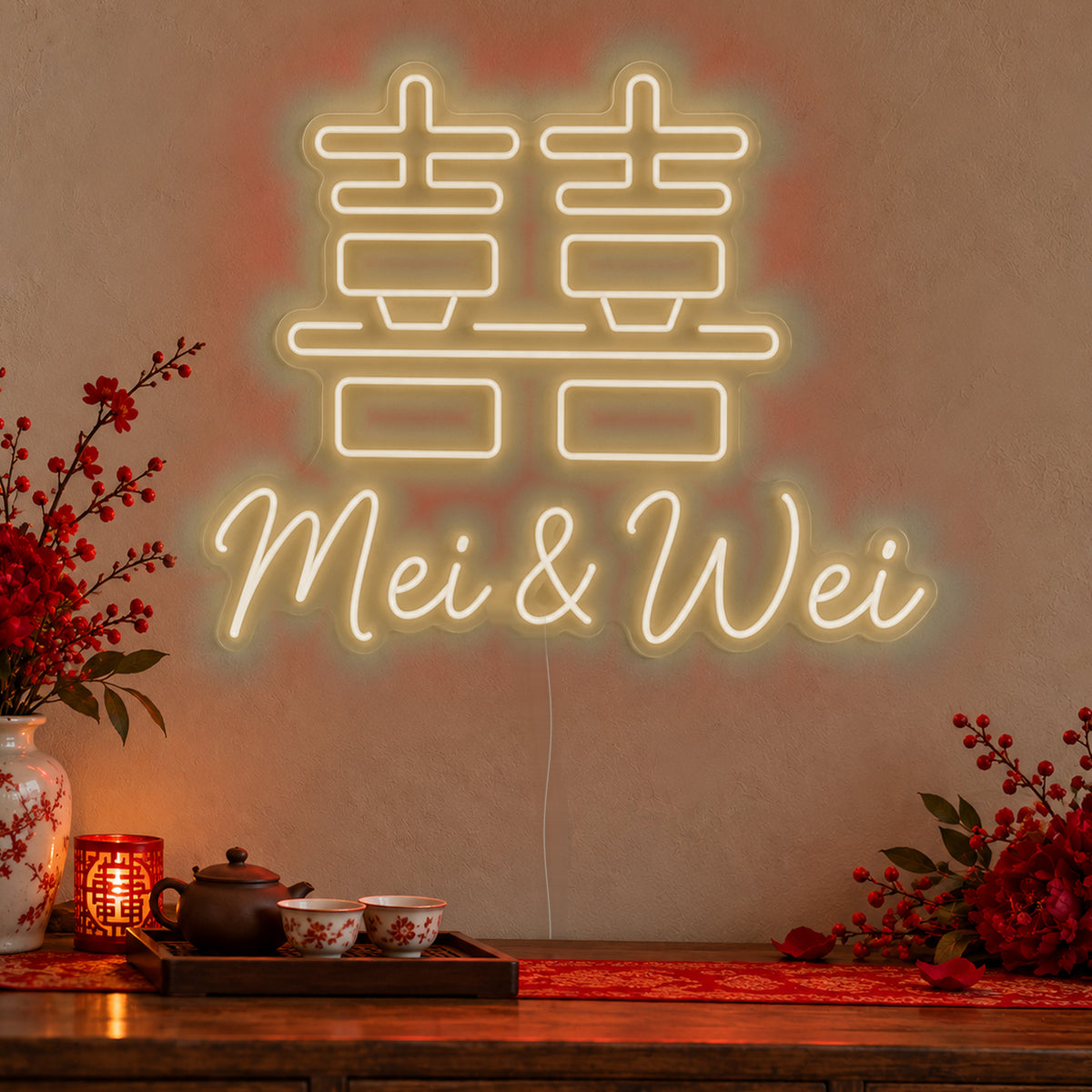 Personalised Double Happiness Names Neon Sign in warm white LED neon on clear acrylic, angled view