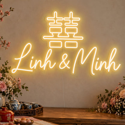 Personalised Double Happiness Vietnamese Names Neon Sign in gold LED neon on clear acrylic, angled view