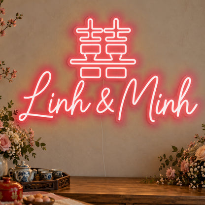 Personalised Double Happiness Vietnamese Names Neon Sign in red LED neon on clear acrylic, angled view