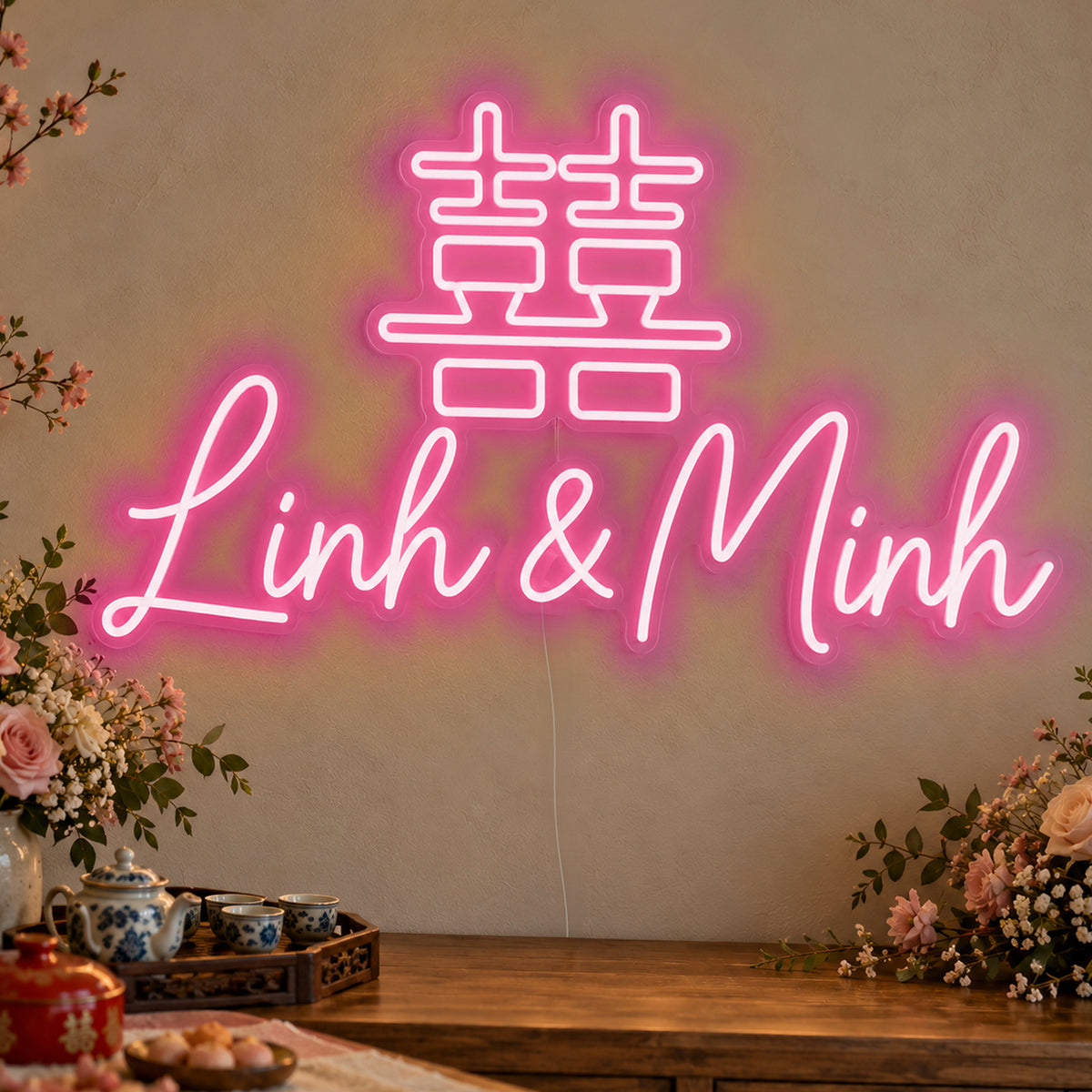 Personalised Double Happiness Vietnamese Names Neon Sign in rose red LED neon on clear acrylic, angled view