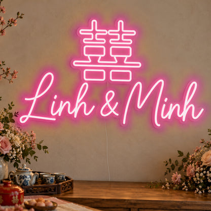 Personalised Double Happiness Vietnamese Names Neon Sign in rose red LED neon on clear acrylic, angled view