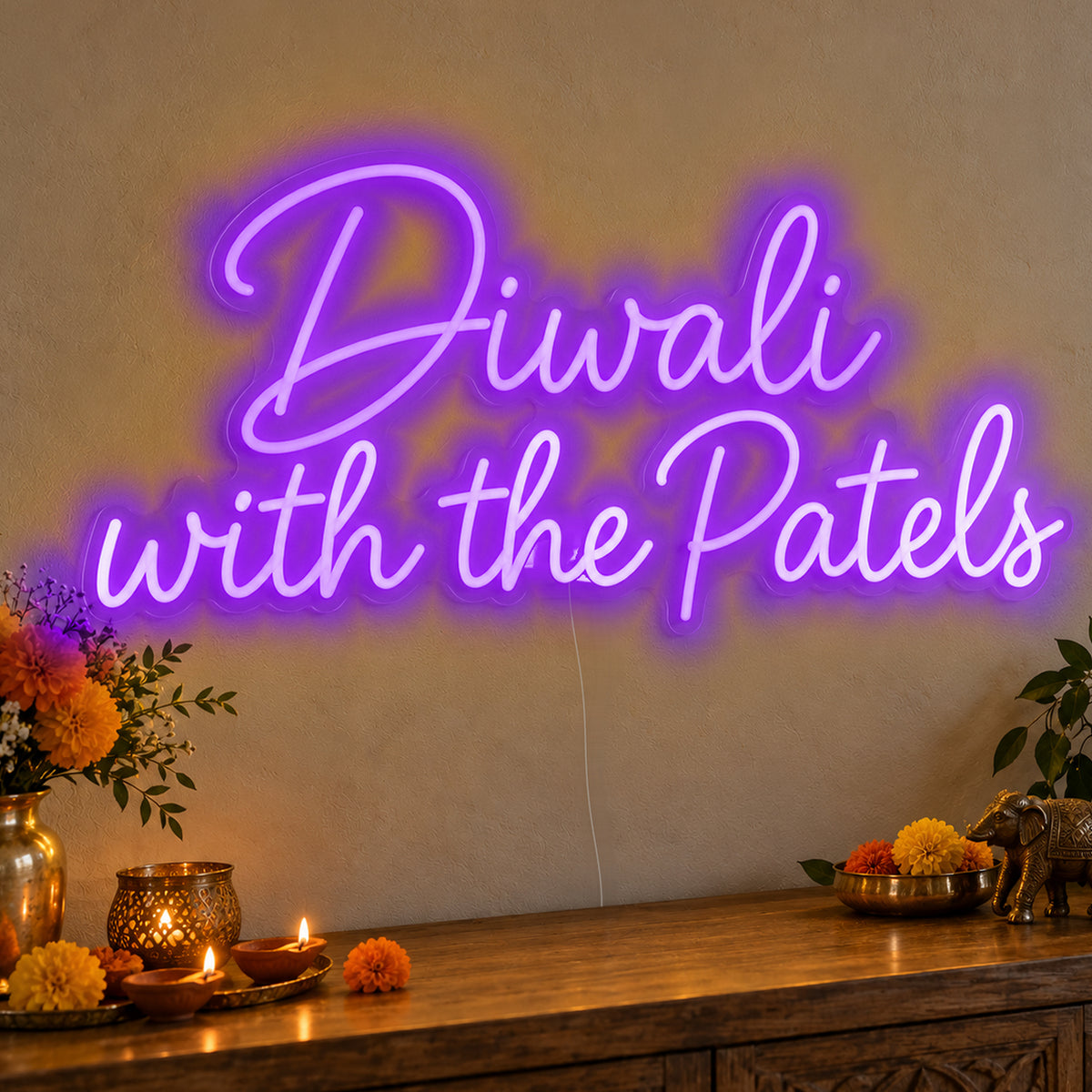 Personalised Family Diwali Neon Sign in purple LED neon on clear acrylic, angled view