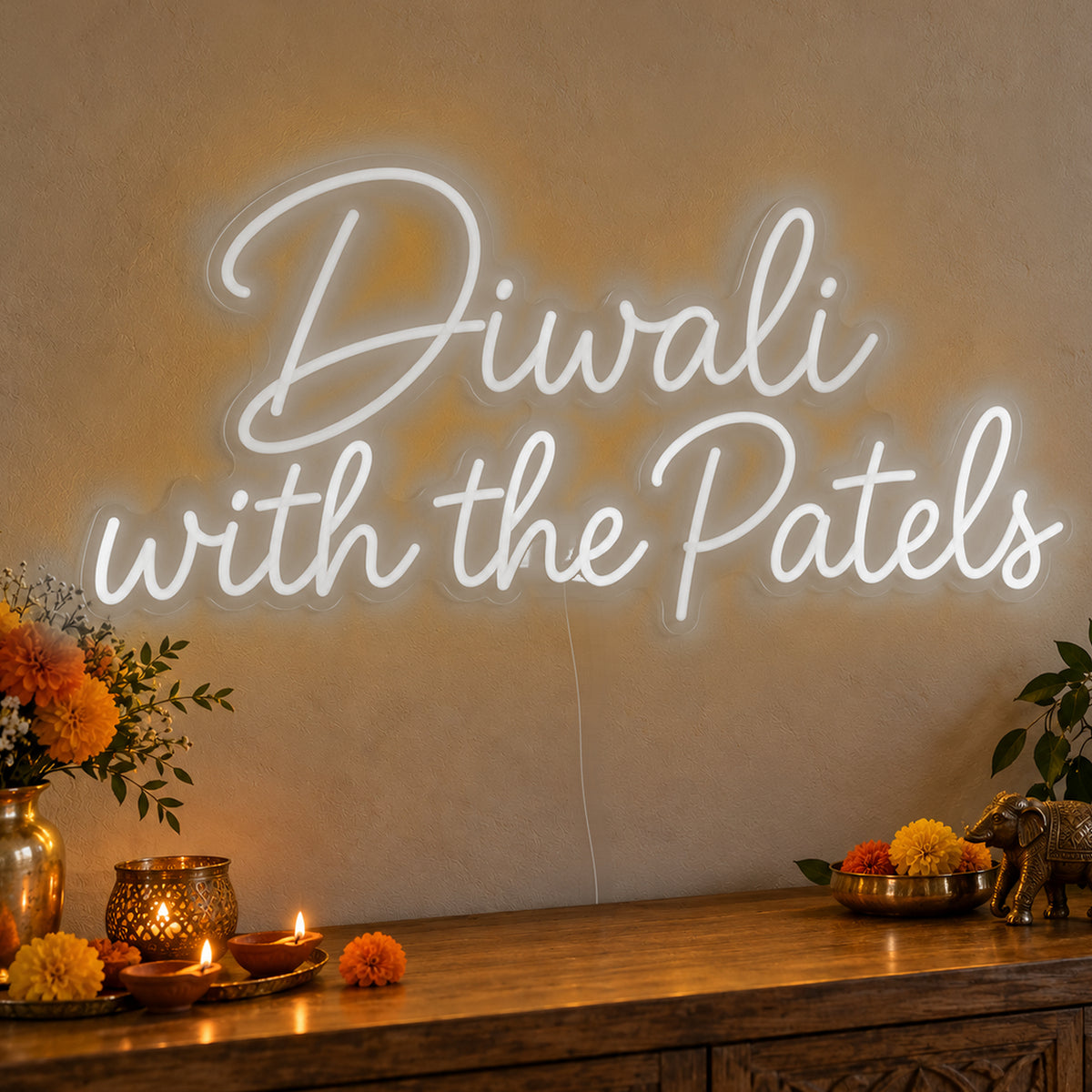 Personalised Family Diwali Neon Sign in white LED neon on clear acrylic, angled view