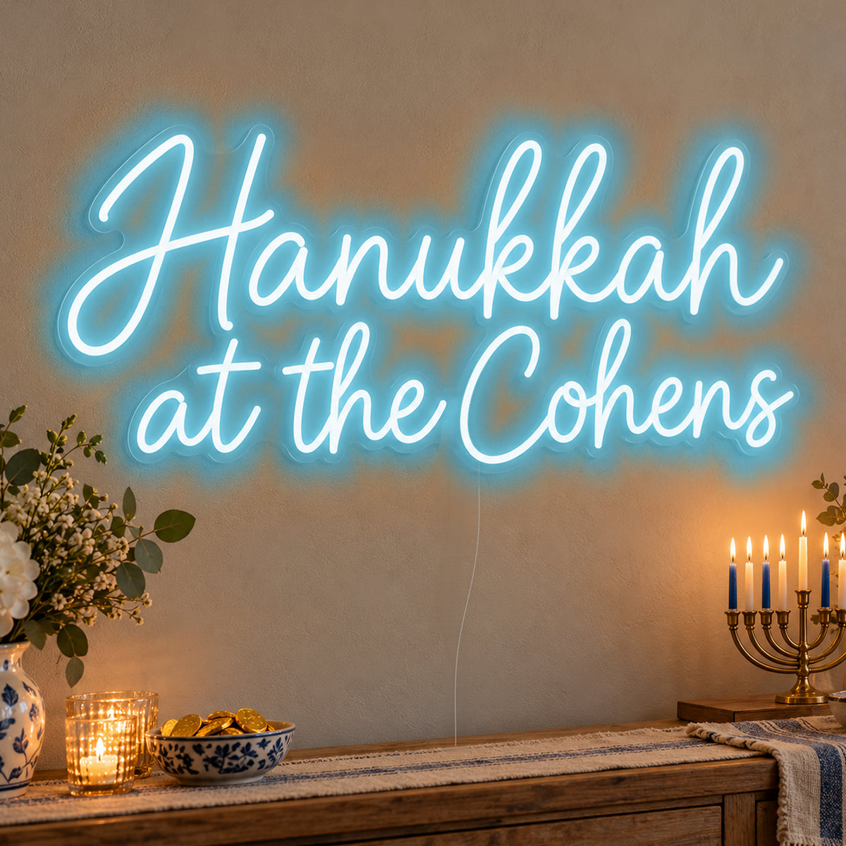 Personalised Family Hanukkah Neon Sign in ice blue LED neon on clear acrylic, angled view