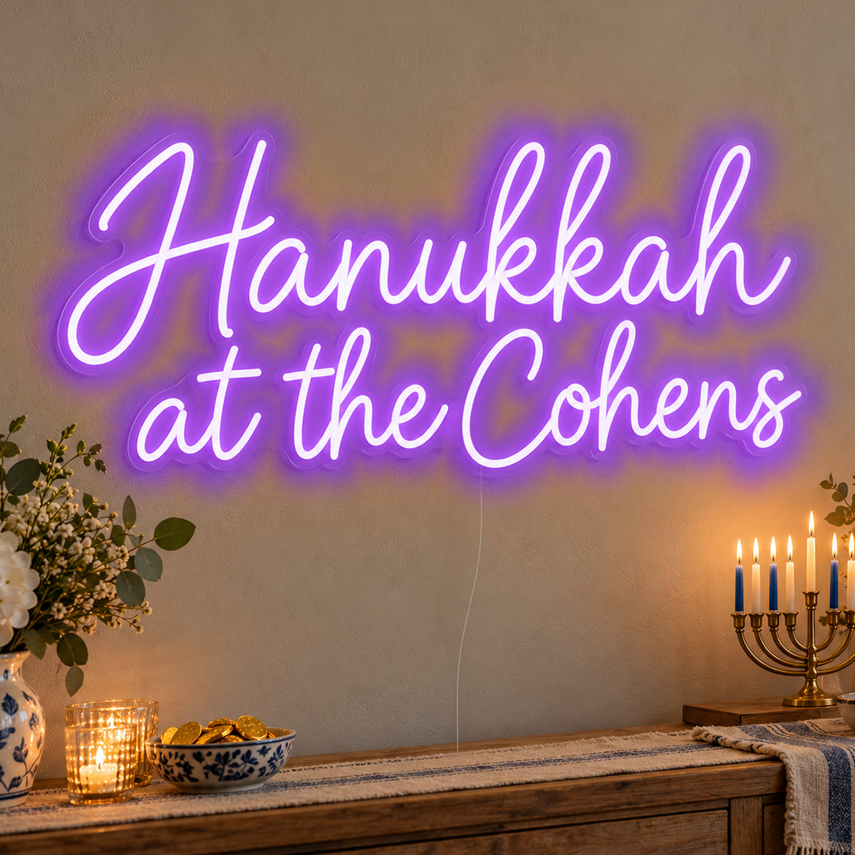 Personalised Family Hanukkah Neon Sign in purple LED neon on clear acrylic, angled view