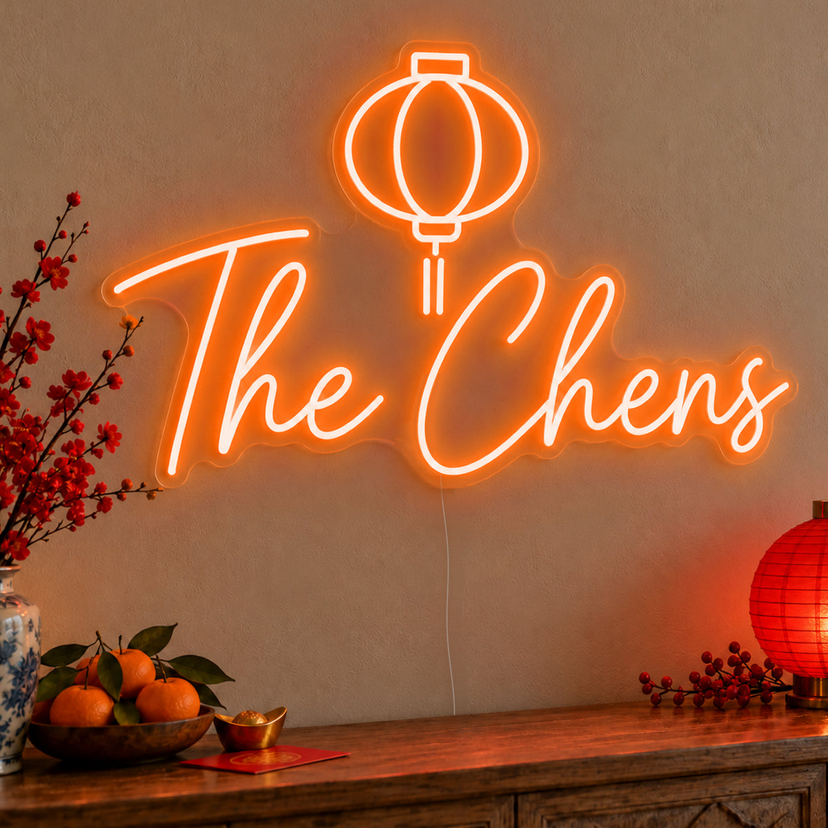 Personalised Family Lantern Neon Sign in orange LED neon on clear acrylic, angled view