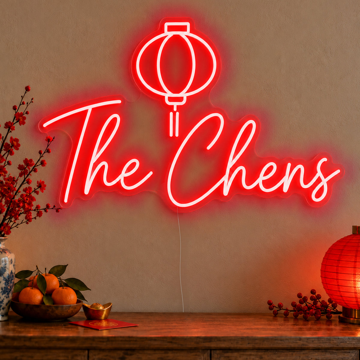 Personalised Family Lantern Neon Sign in red LED neon on clear acrylic, angled view