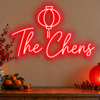Personalised Family Lantern Neon Sign in red LED neon on clear acrylic, angled view