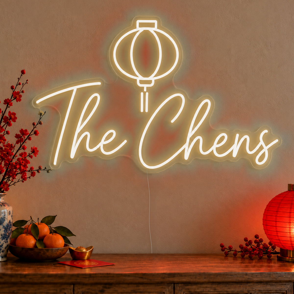 Personalised Family Lantern Neon Sign in warm white LED neon on clear acrylic, angled view