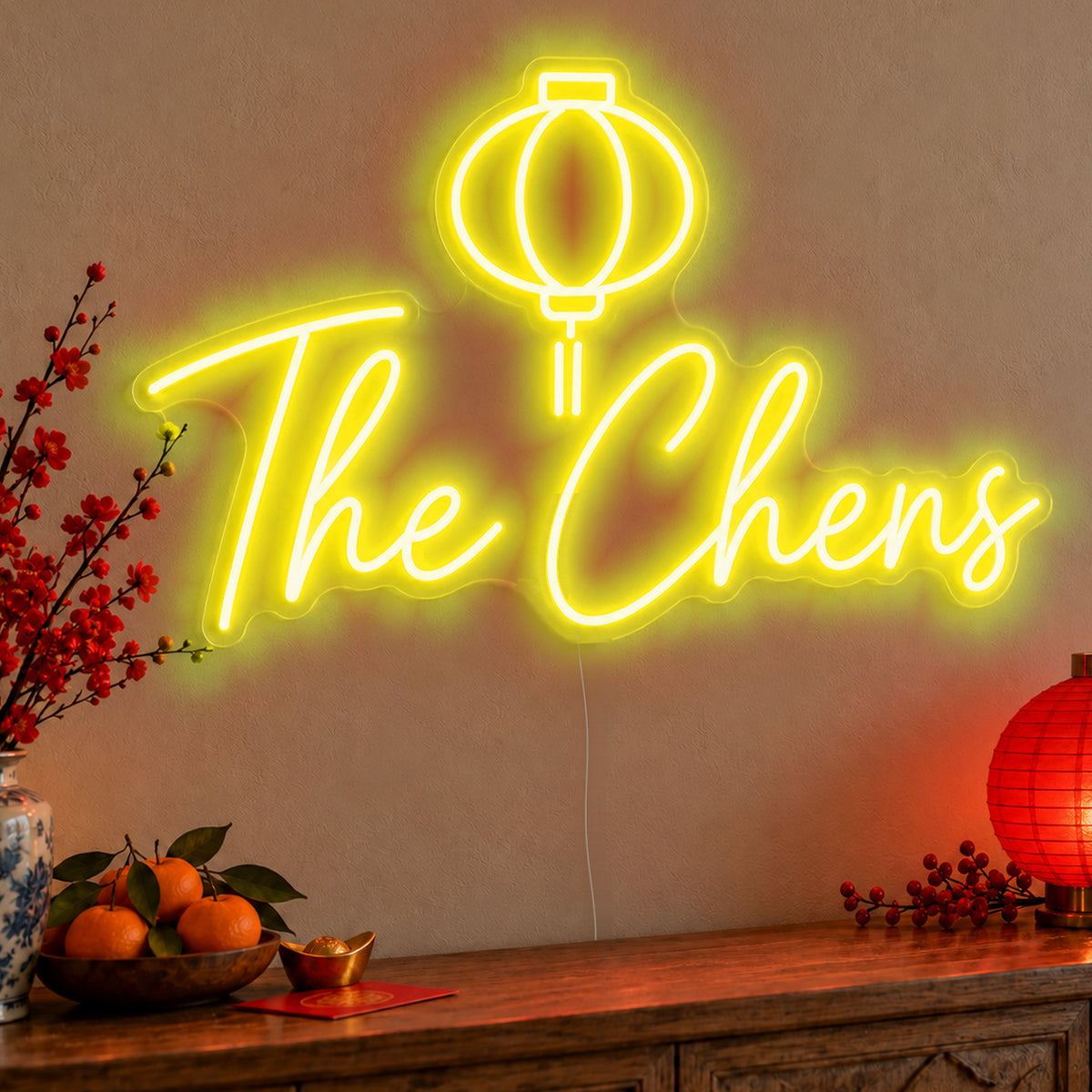 Personalised Family Lantern Neon Sign in yellow LED neon on clear acrylic, angled view