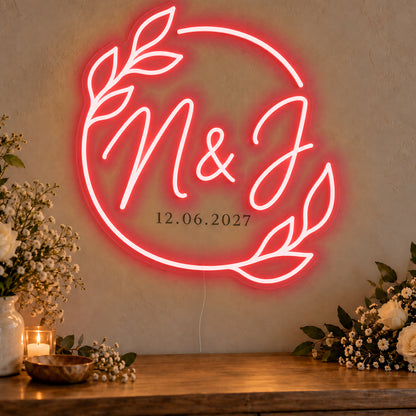 Personalised Filipino Wedding Monogram Neon Sign in red LED neon on clear acrylic, angled view