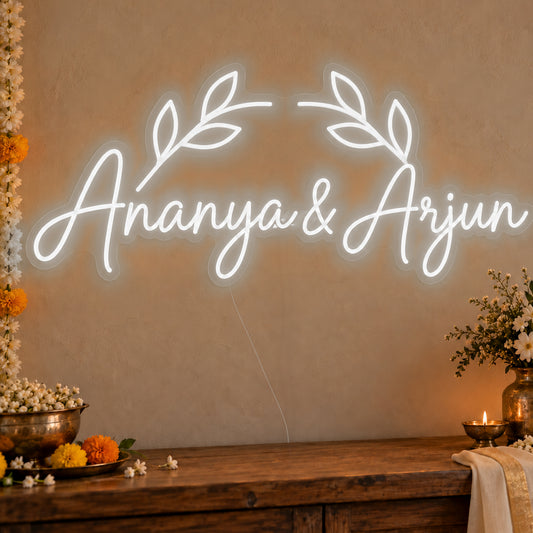 Personalised Floral Arch Names Neon Sign in white LED neon on clear acrylic, angled view