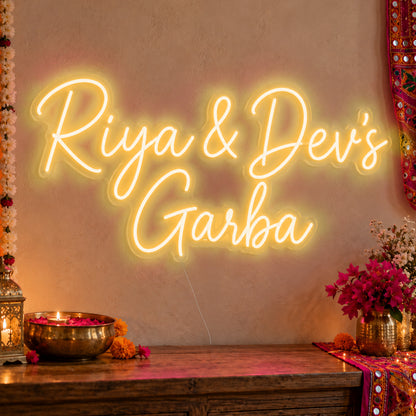 Personalised Garba Neon Sign in gold LED neon on clear acrylic, angled view