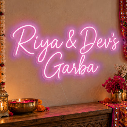 Personalised Garba Neon Sign in pink LED neon on clear acrylic, angled view