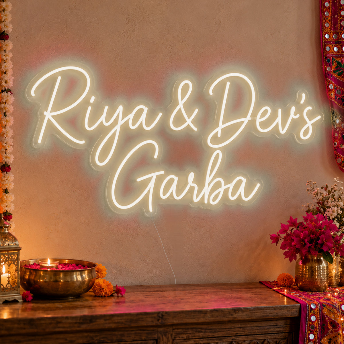 Personalised Garba Neon Sign in warm white LED neon on clear acrylic, angled view