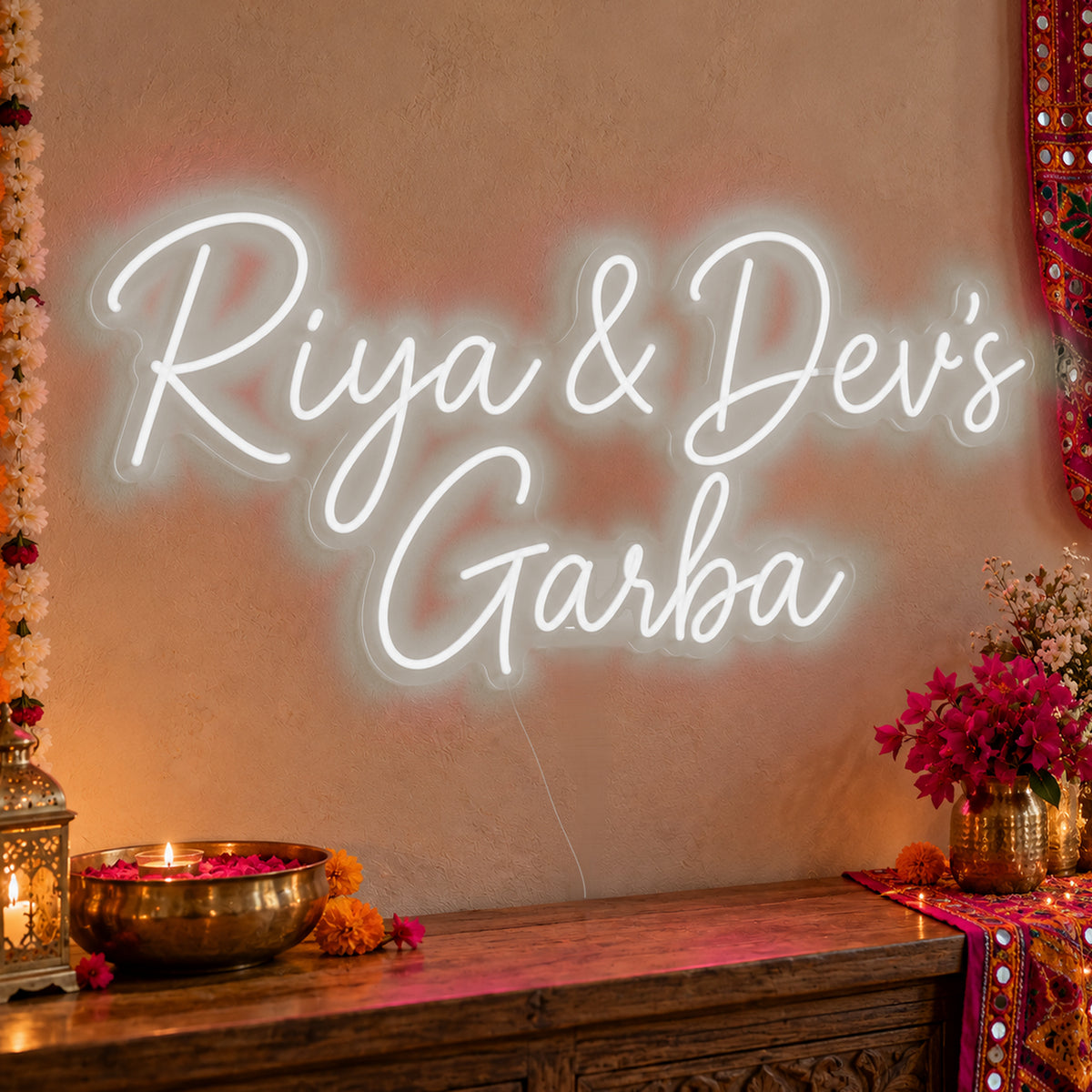 Personalised Garba Neon Sign in white LED neon on clear acrylic, angled view