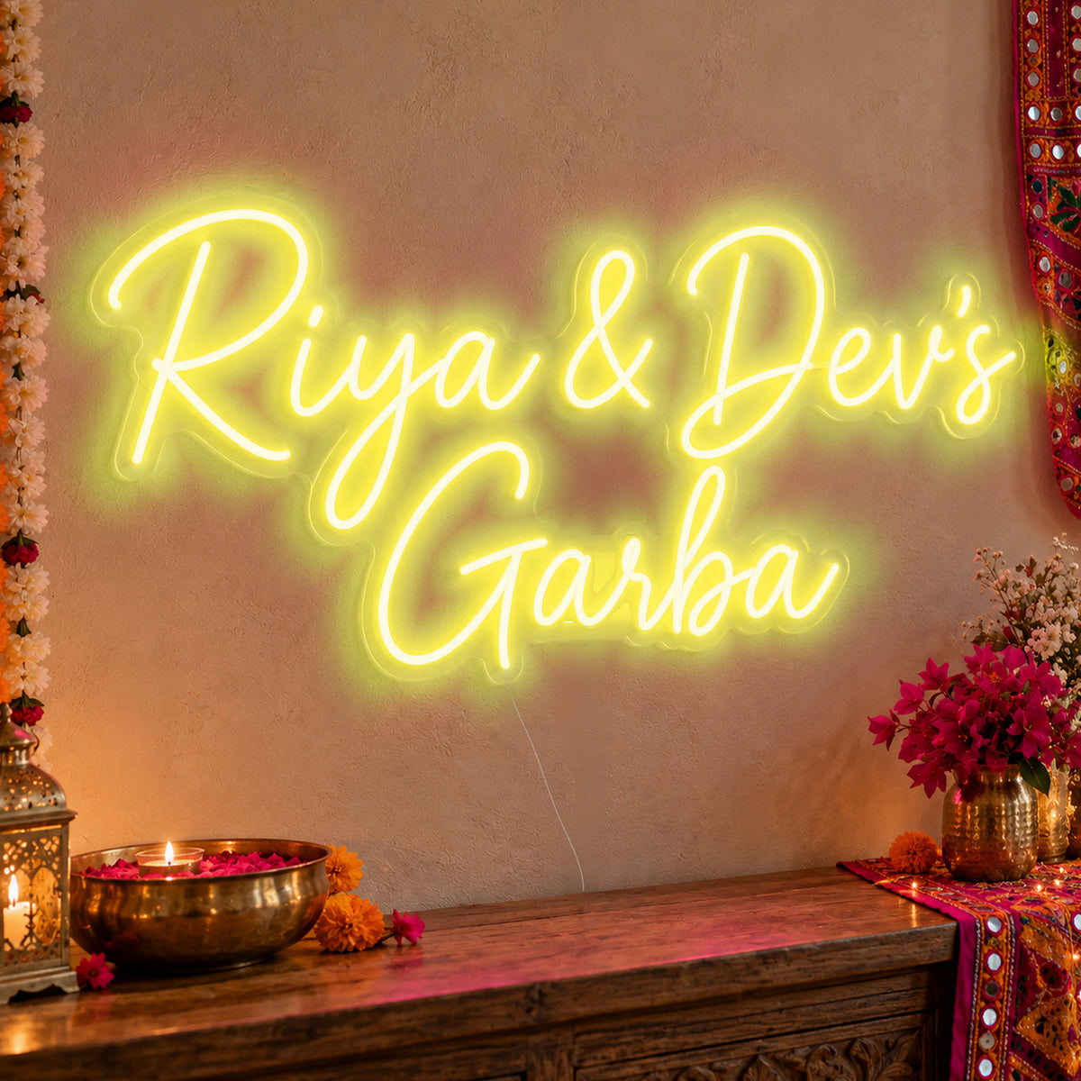 Personalised Garba Neon Sign in yellow LED neon on clear acrylic, angled view