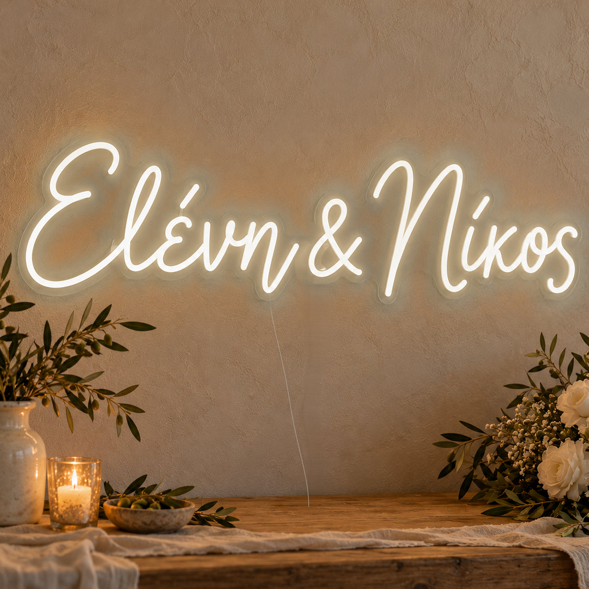 Personalised Greek Couple Names Neon Sign in warm white LED neon on clear acrylic, angled view