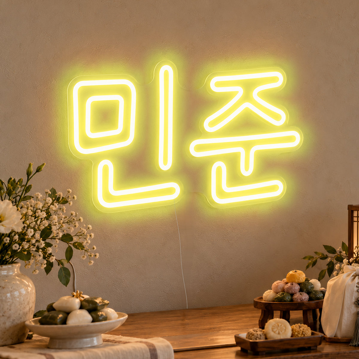 Personalised Hangul Name Neon Sign in yellow LED neon on clear acrylic, angled view