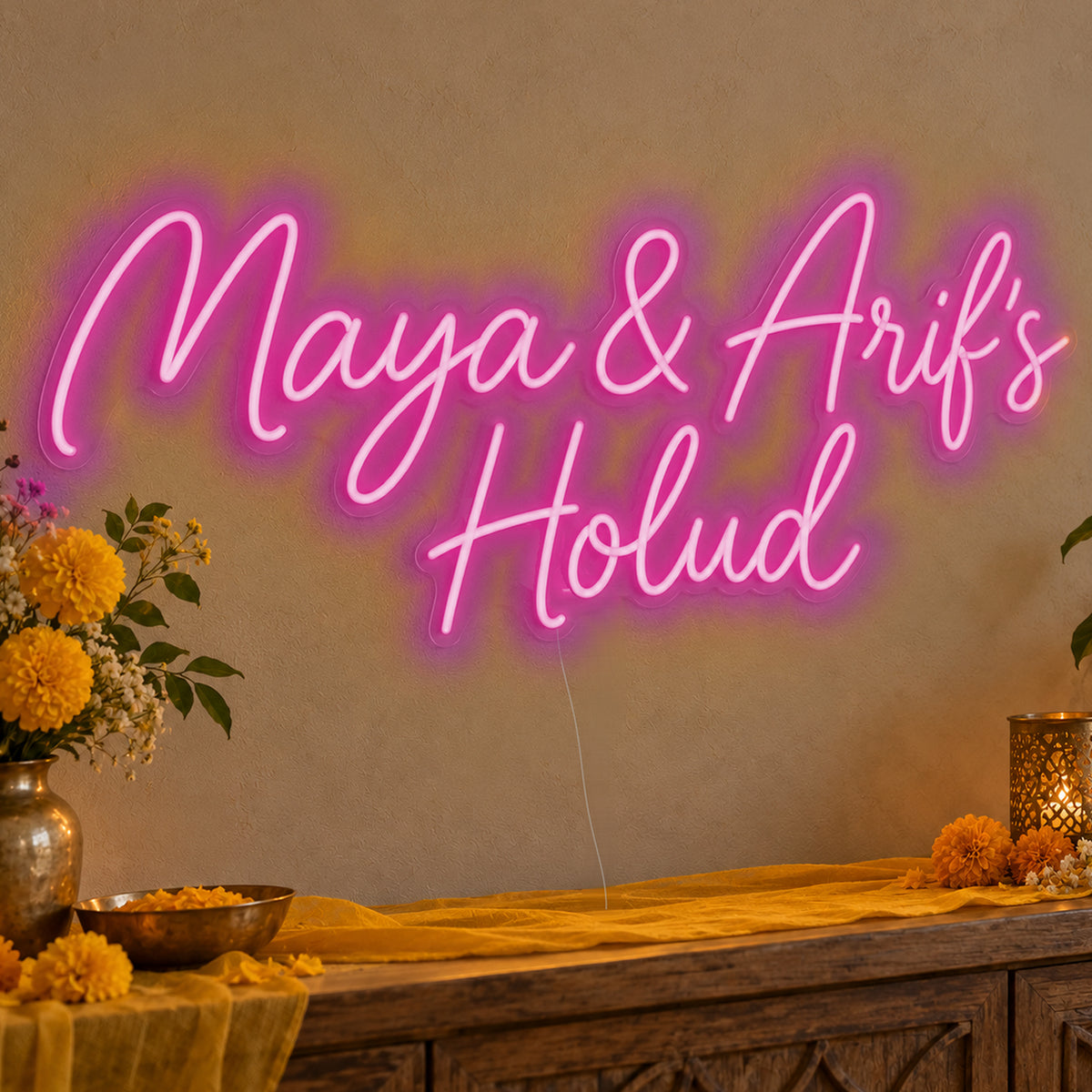 Personalised Holud Neon Sign in pink LED neon on clear acrylic, angled view