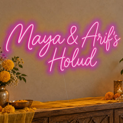 Personalised Holud Neon Sign in pink LED neon on clear acrylic, angled view
