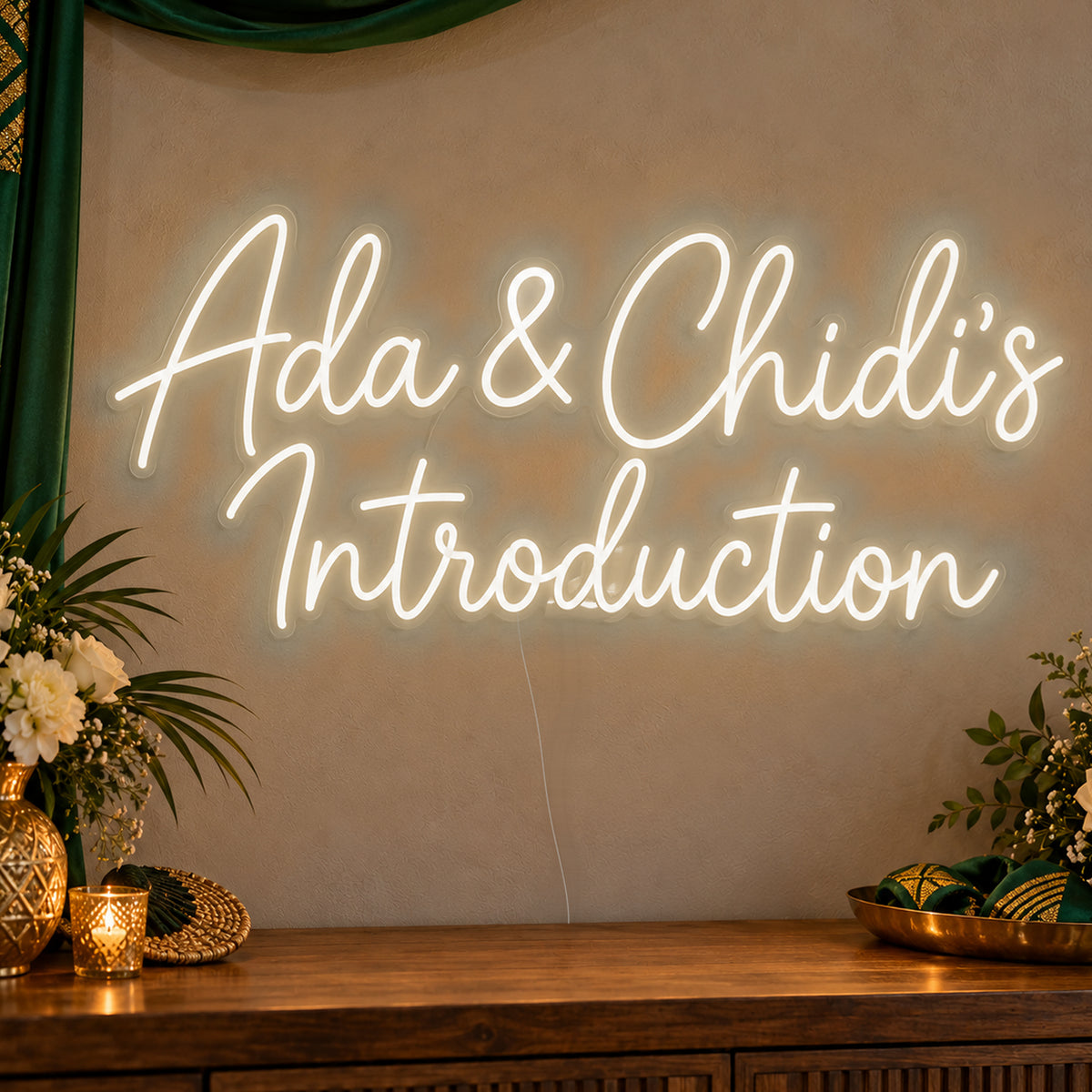 Personalised Introduction Neon Sign in warm white LED neon on clear acrylic, angled view
