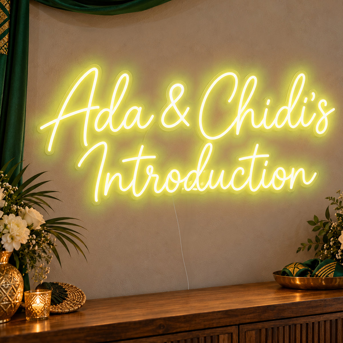 Personalised Introduction Neon Sign in yellow LED neon on clear acrylic, angled view