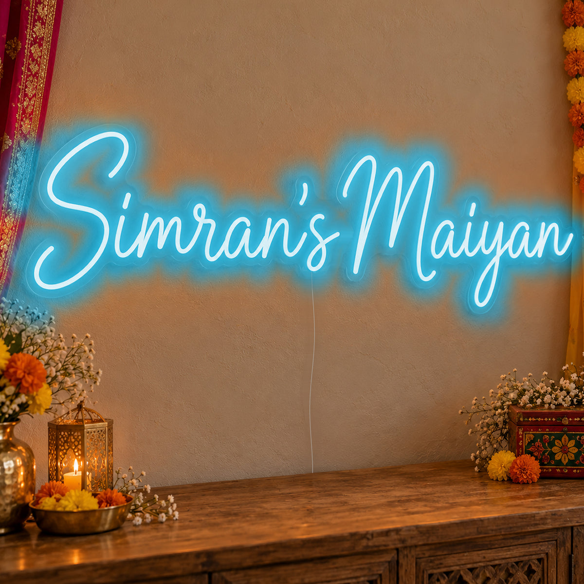 Personalised Maiyan Neon Sign in ice blue LED neon on clear acrylic, angled view