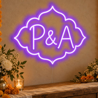Personalised Marigold Initials Neon Sign in purple LED neon on clear acrylic, angled view